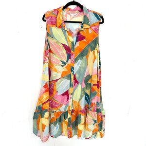 Time And Tru Dress Button Front Colorful Leaf Ruffle Hem Sleeveless XXXL 22